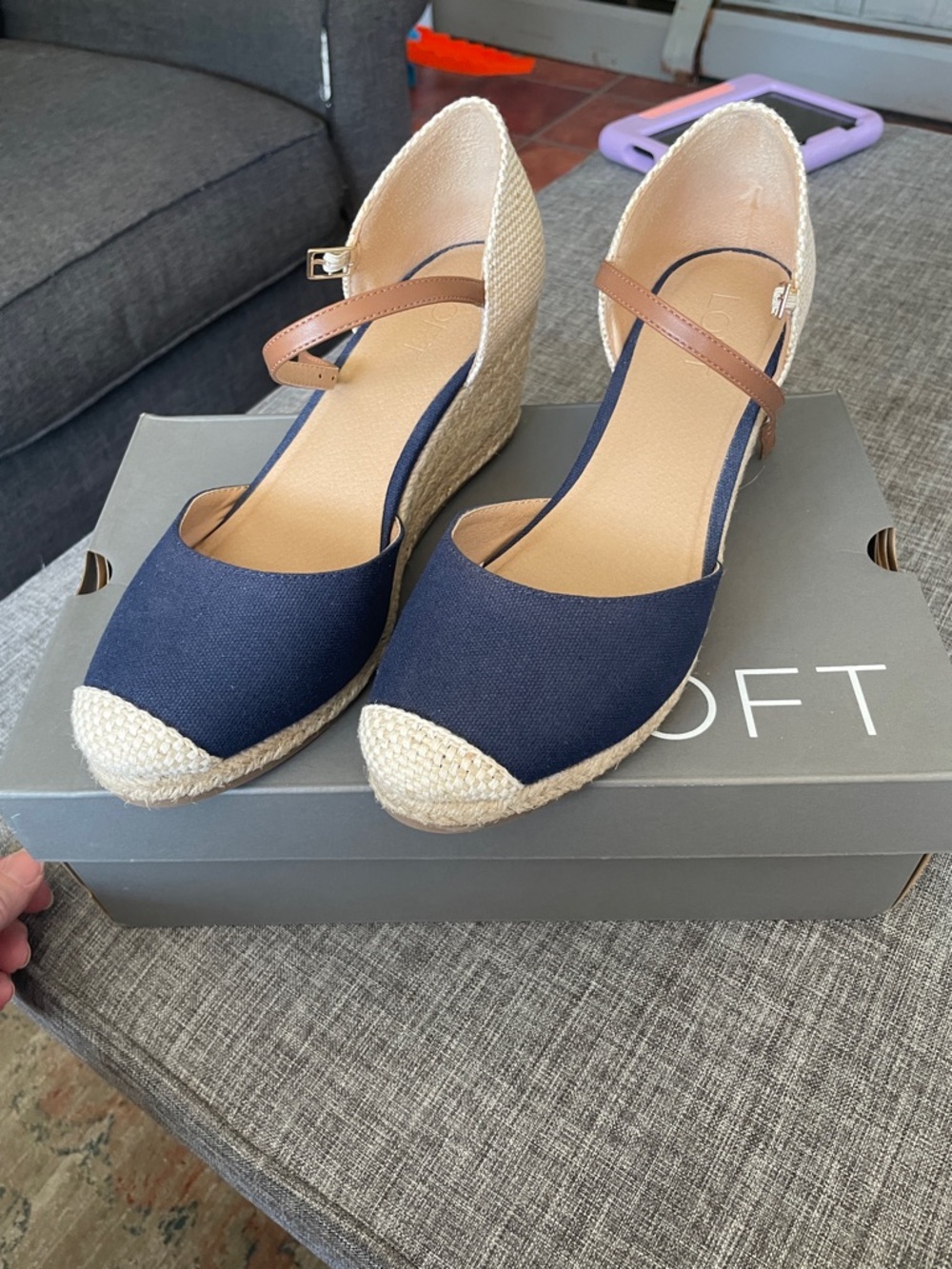 LOFT Navy Canvas Espadrille Wedge with Tan Ankle Strap